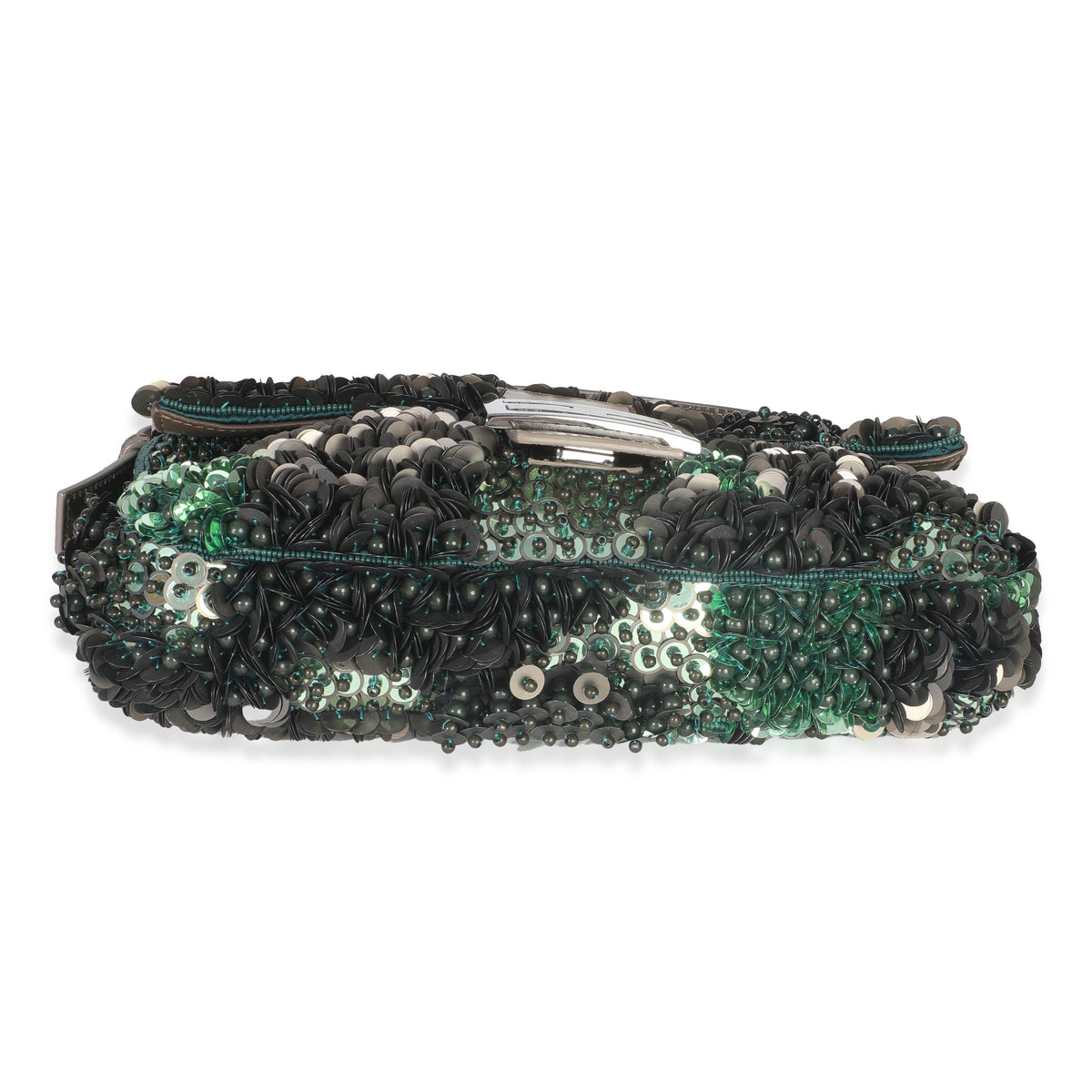 Green Metallic Leather Beaded Sequin Medium Baguette