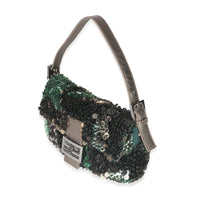 Green Metallic Leather Beaded Sequin Medium Baguette