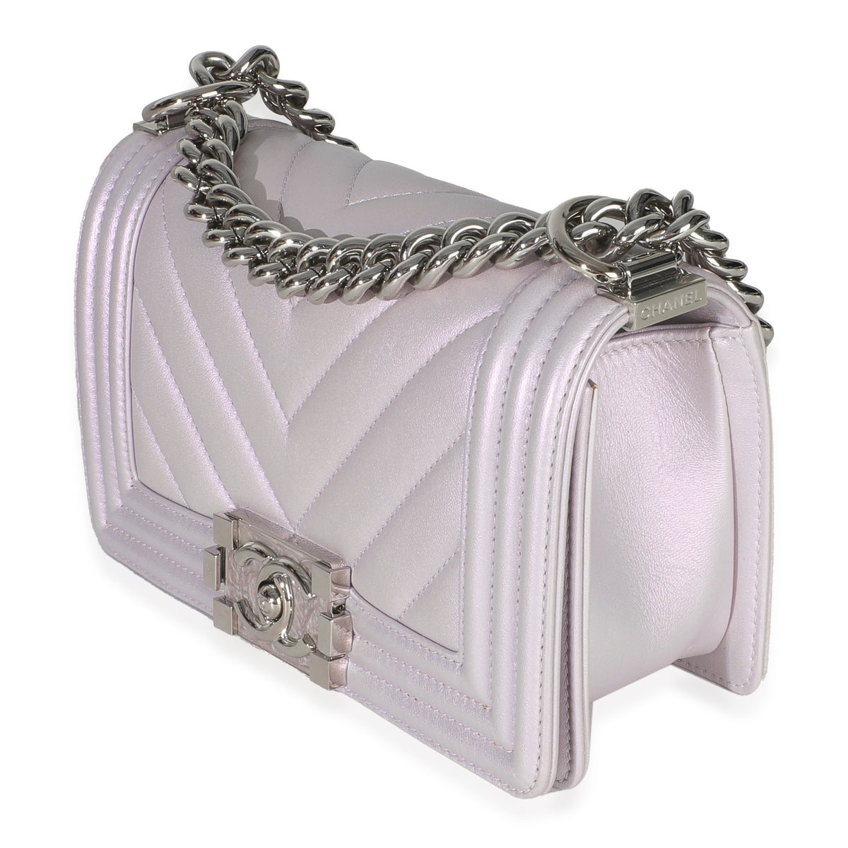 Purple Metallic Lambskin Chevron Quilted Small Boy Bag