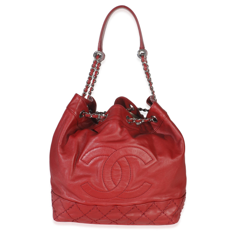 Red Quilted Lambskin Medium Surpique Drawstring Bucket Bag