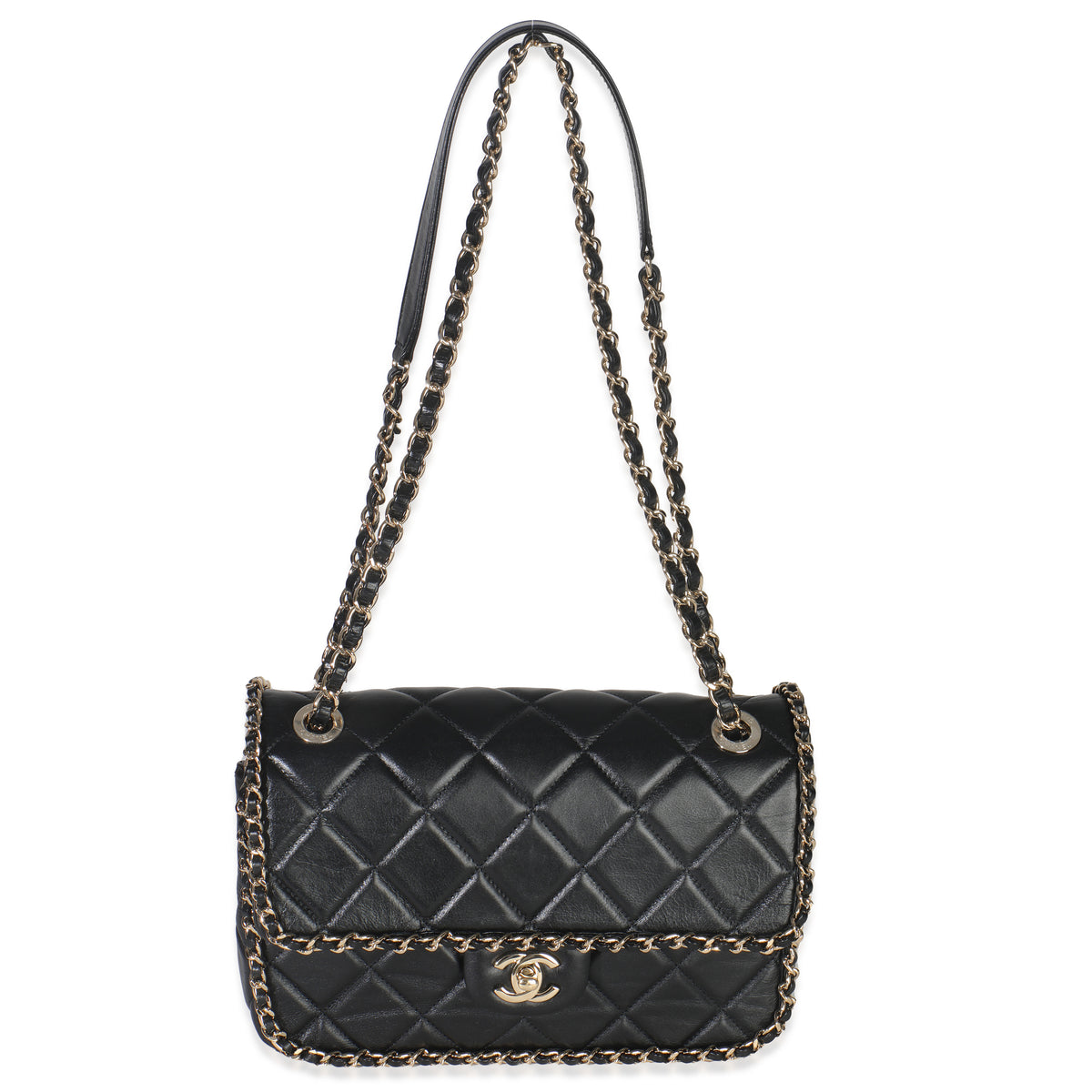 Black Quilted Lambskin Running Chain Small Flap Bag