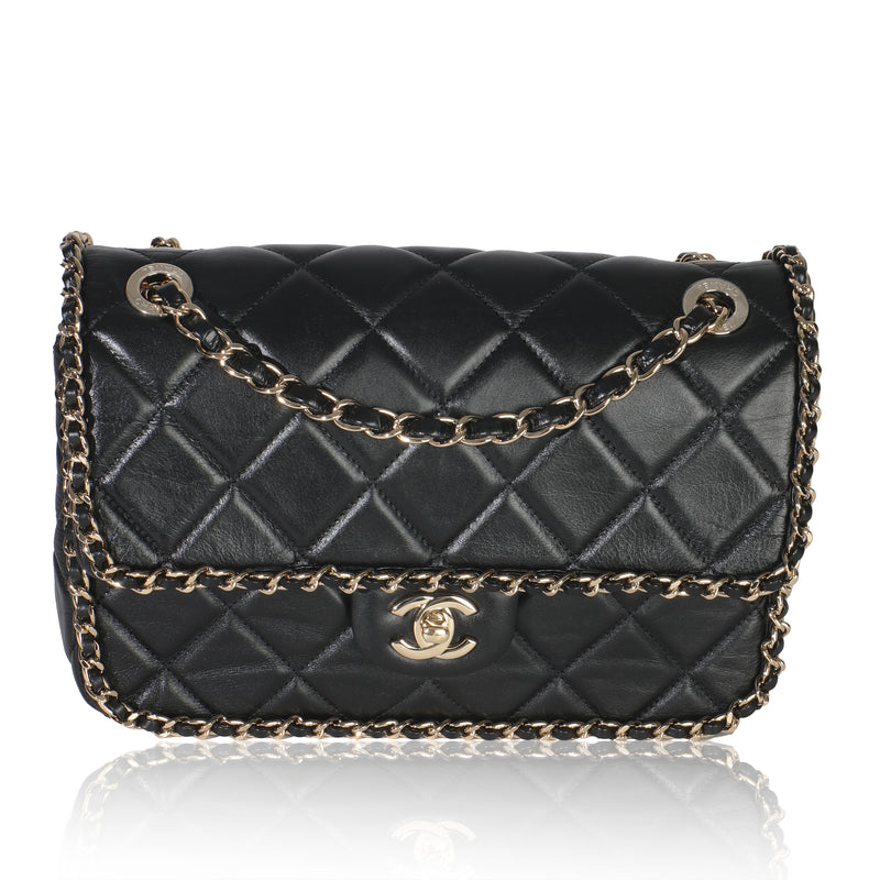Black Quilted Lambskin Running Chain Small Flap Bag