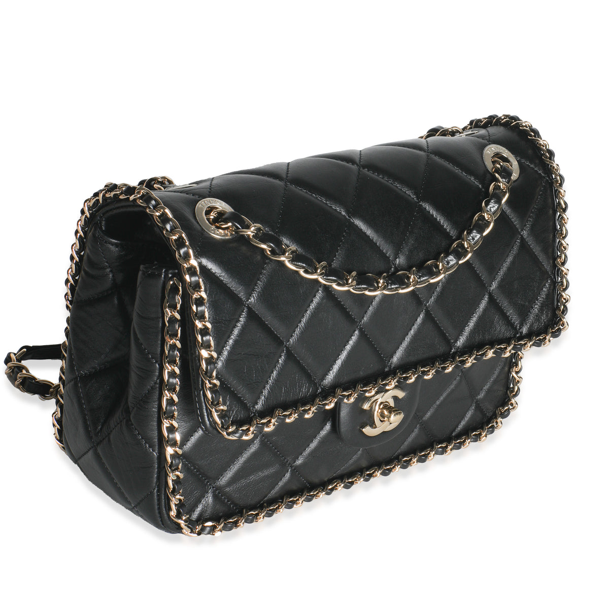 Black Quilted Lambskin Running Chain Small Flap Bag