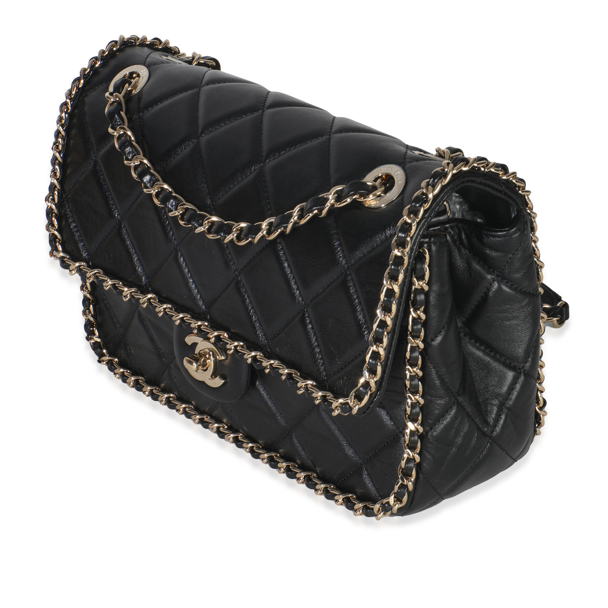 Black Quilted Lambskin Running Chain Small Flap Bag