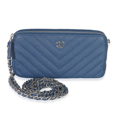 Blue Chevron Caviar Double Zip Clutch Handbag