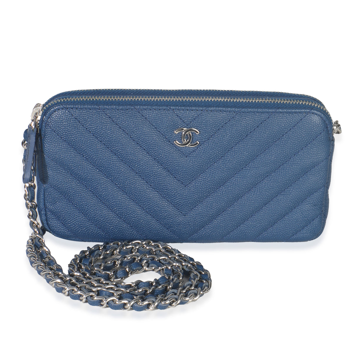 Blue Chevron Caviar Double Zip Clutch With Chain