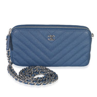 Blue Chevron Caviar Double Zip Clutch With Chain
