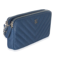 Blue Chevron Caviar Double Zip Clutch Handbag