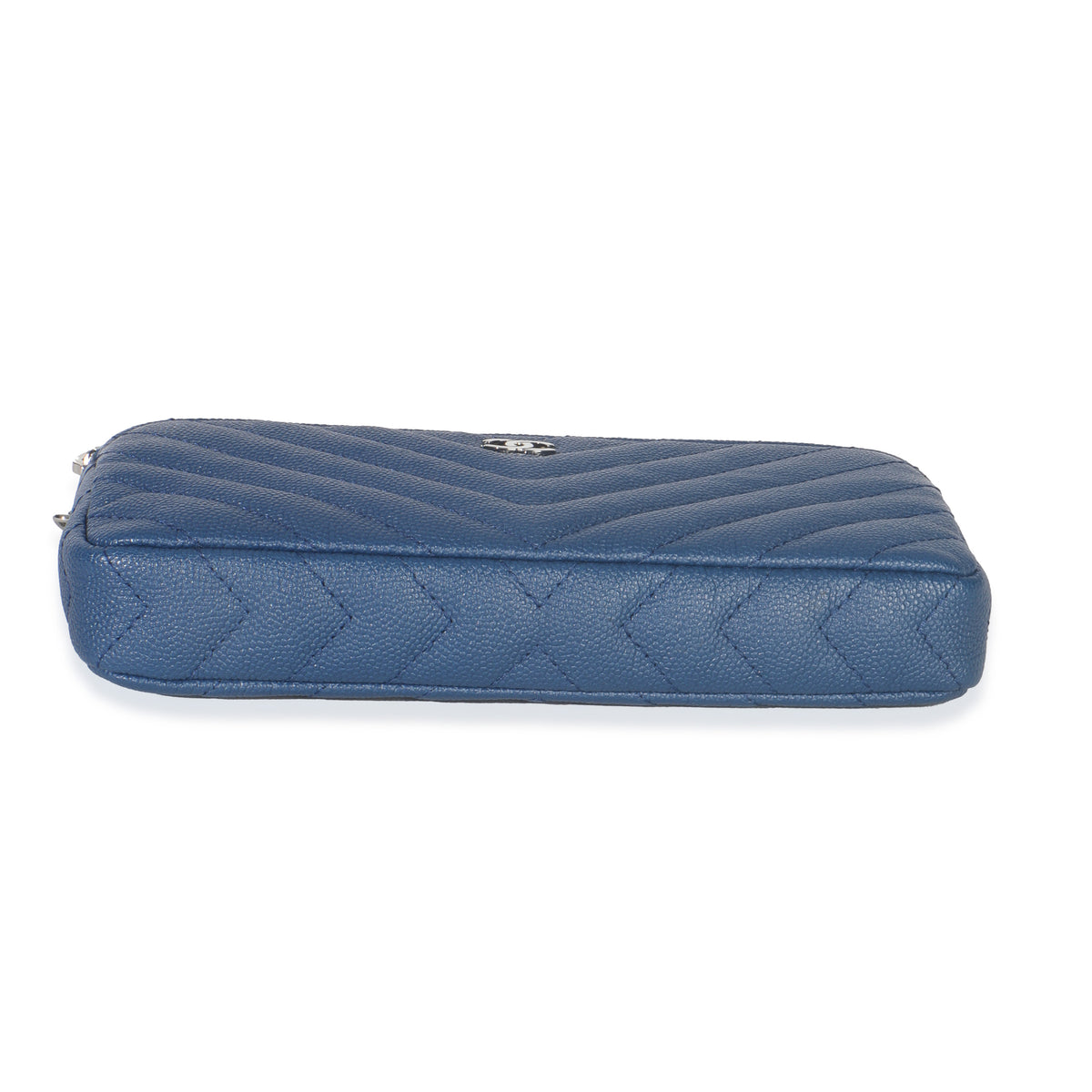Blue Chevron Caviar Double Zip Clutch With Chain