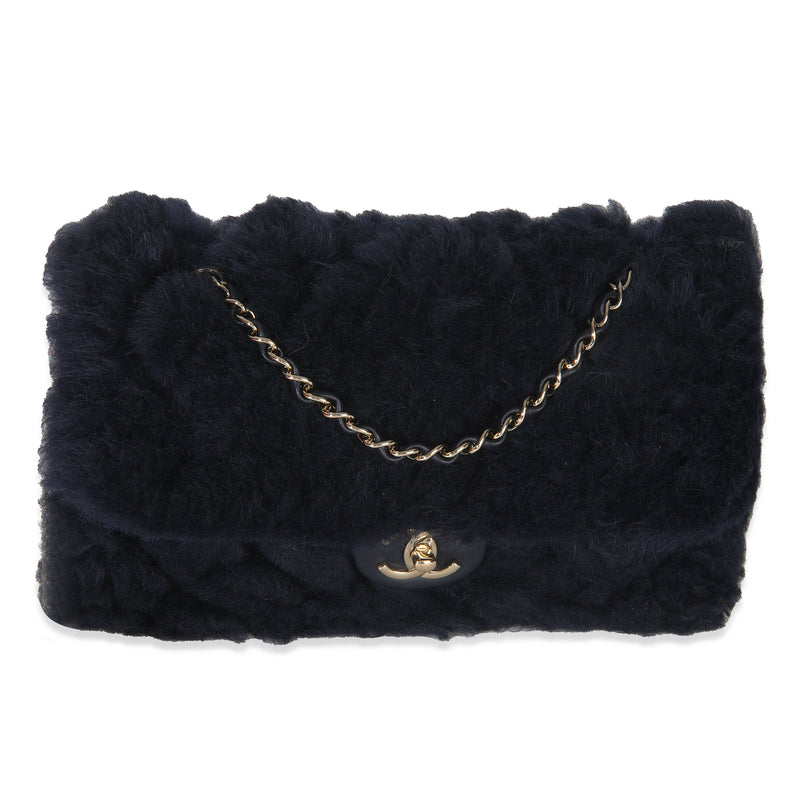 Navy Shearling Quilted Lambskin Medium Flap Bag