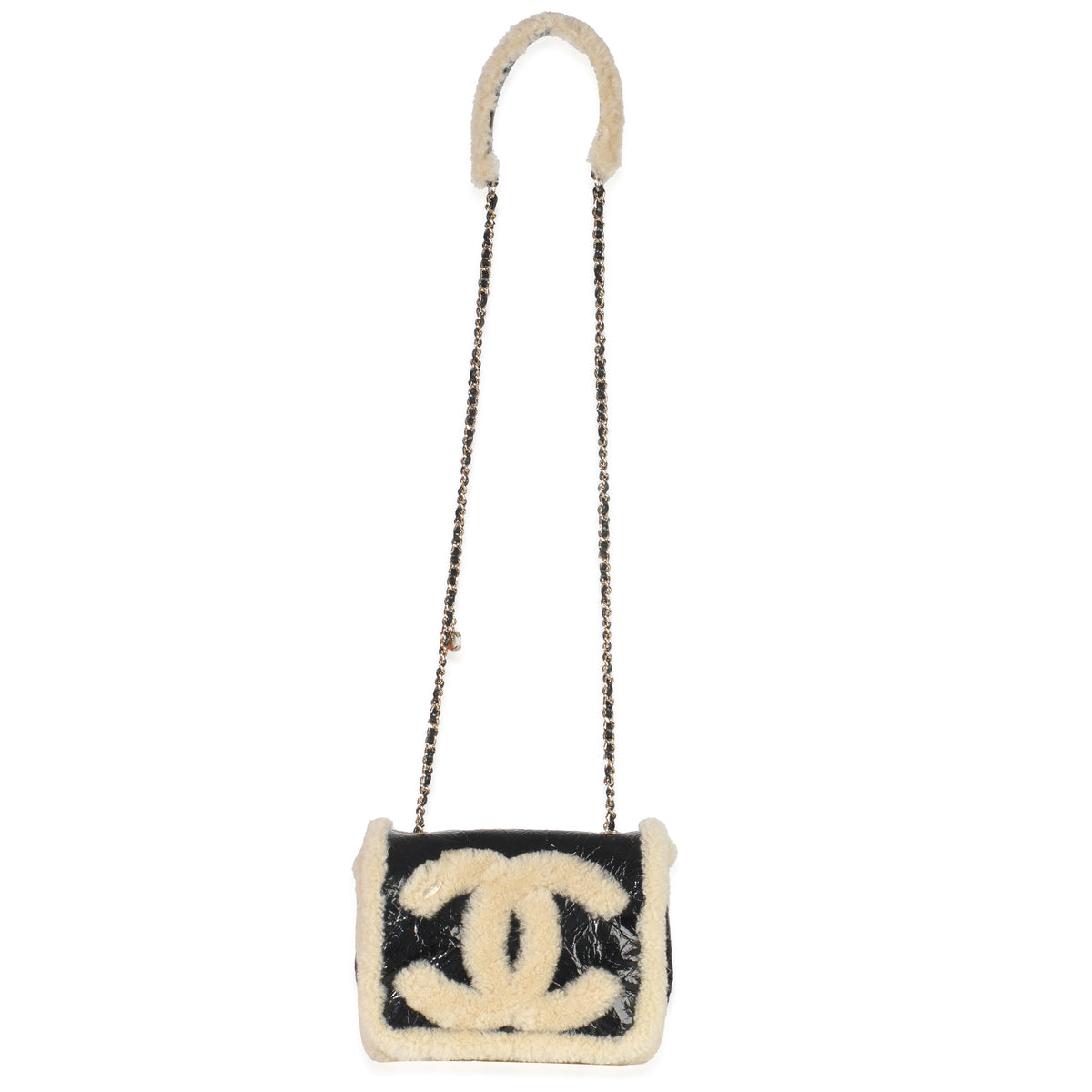 Black Shiny Crumpled Sheepskin Shearling CC Mania Flap Bag