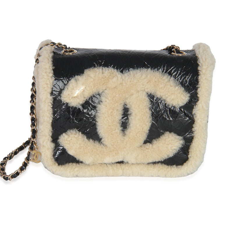 Black Shiny Crumpled Sheepskin Shearling CC Mania Flap Bag
