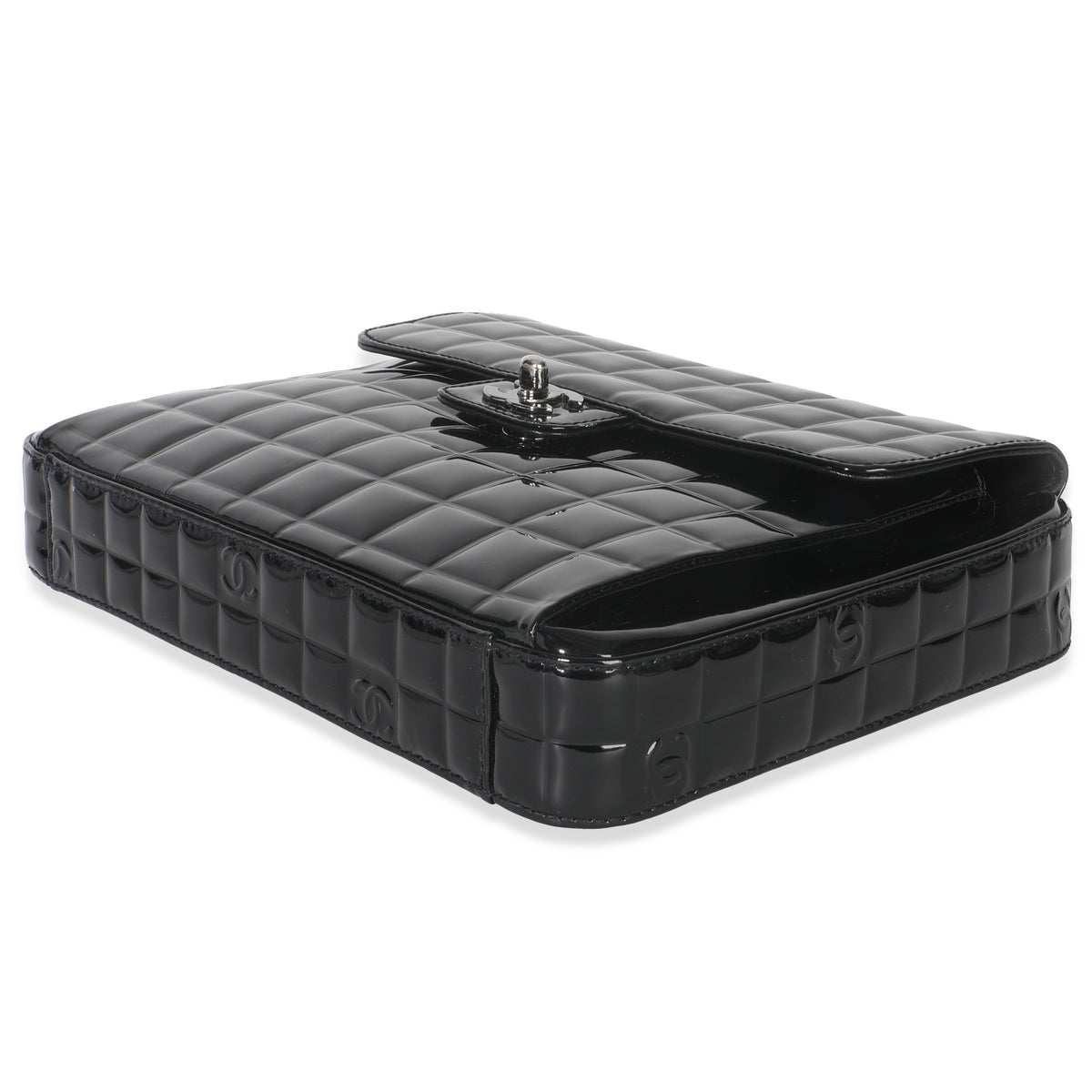 Black Patent Chocolate Bar Top Handle Flap Bag