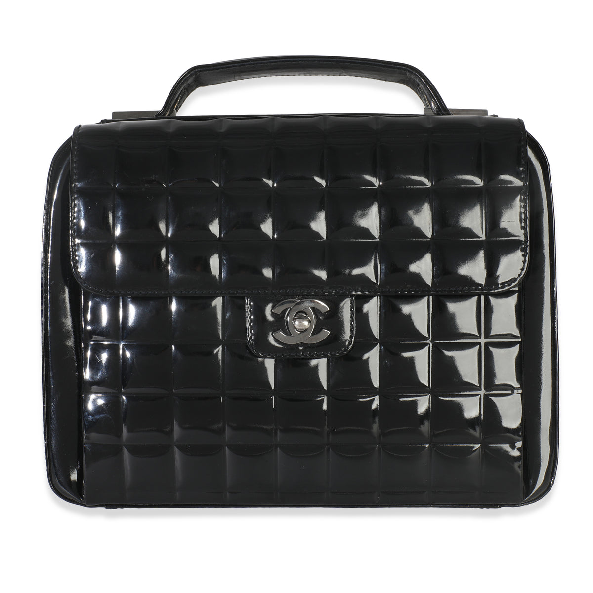 Black Patent Chocolate Bar Top Handle Flap Bag