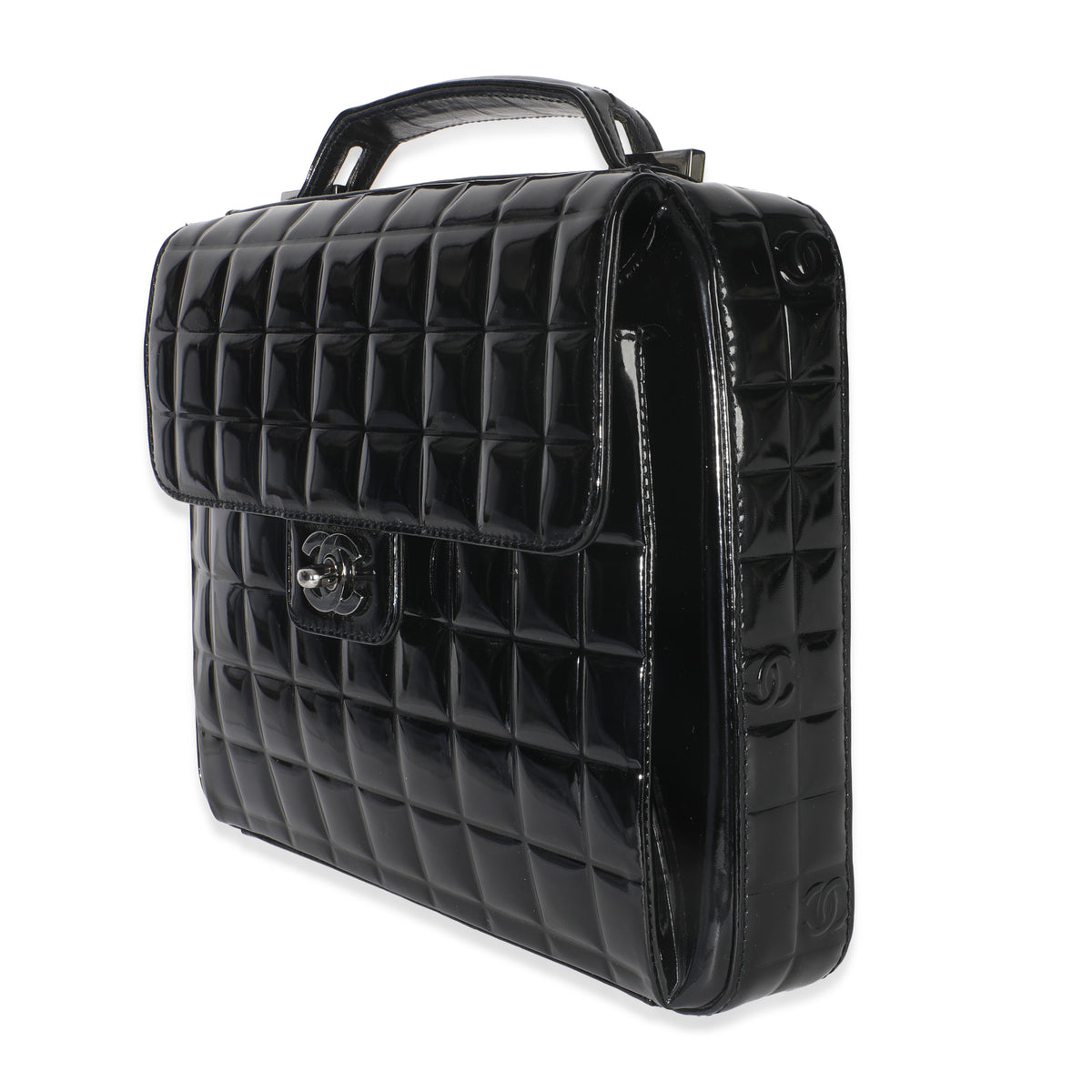 Black Patent Chocolate Bar Top Handle Flap Bag