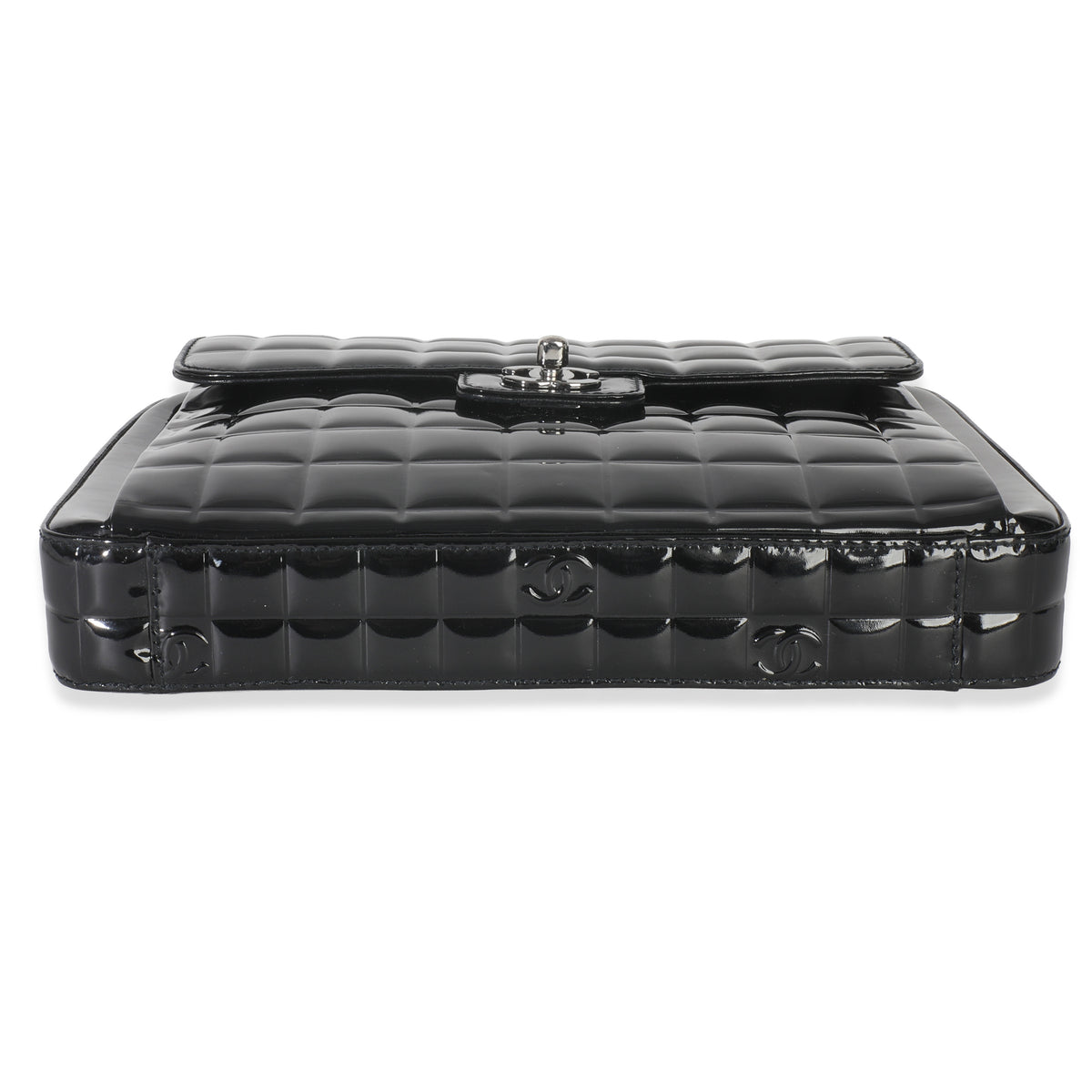 Black Patent Chocolate Bar Top Handle Flap Bag