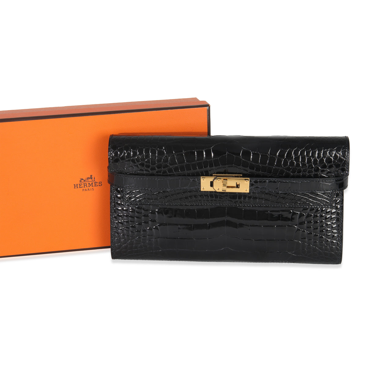 Black Shiny Alligator Kelly Longue Wallet GHW