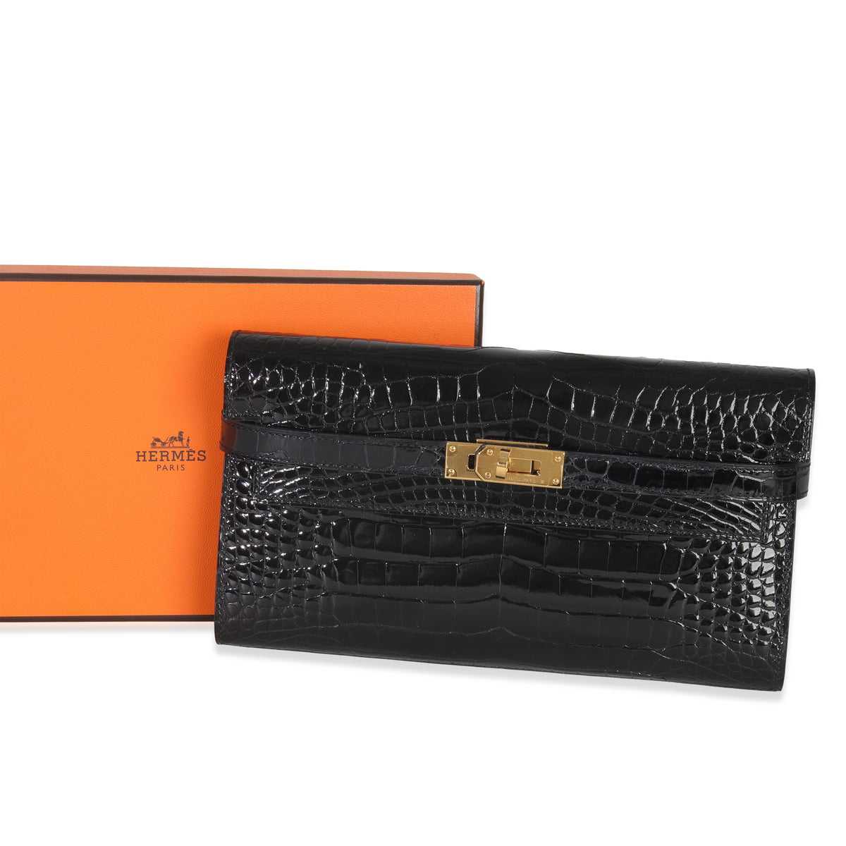 Black Shiny Alligator Kelly Longue Wallet GHW