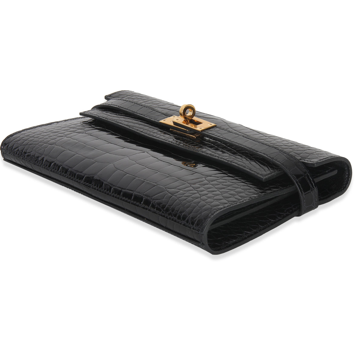Black Shiny Alligator Kelly Longue Wallet GHW