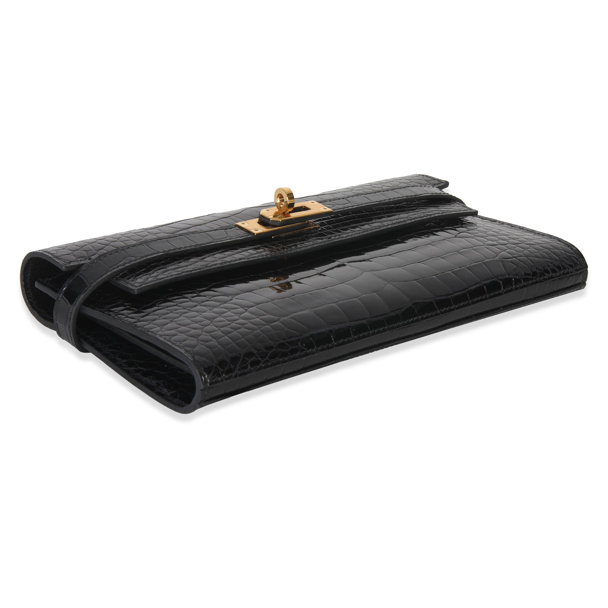 Black Shiny Alligator Kelly Longue Wallet GHW