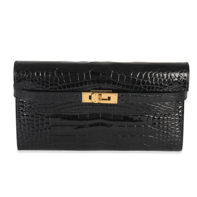 Black Shiny Alligator Kelly Longue Wallet GHW