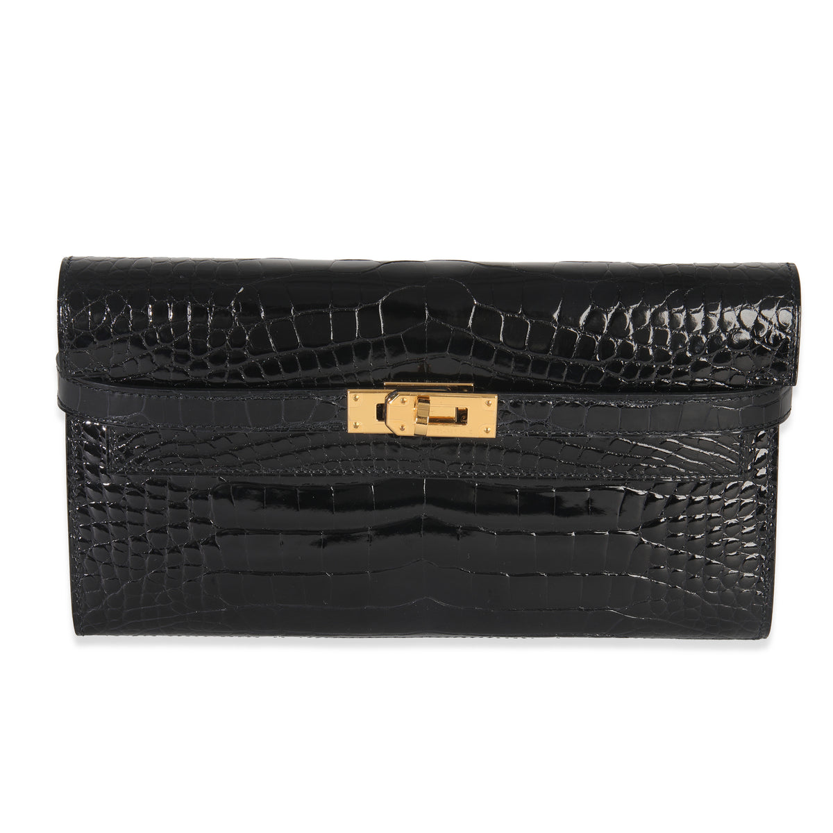 Black Shiny Alligator Kelly Longue Wallet GHW