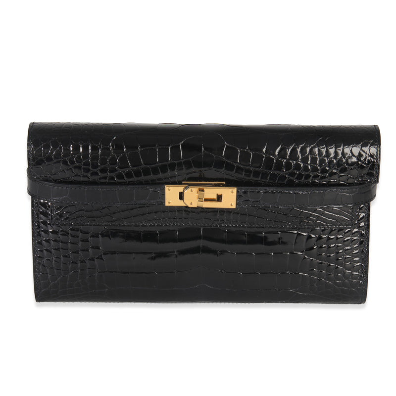 Black Shiny Alligator Kelly Longue Wallet GHW