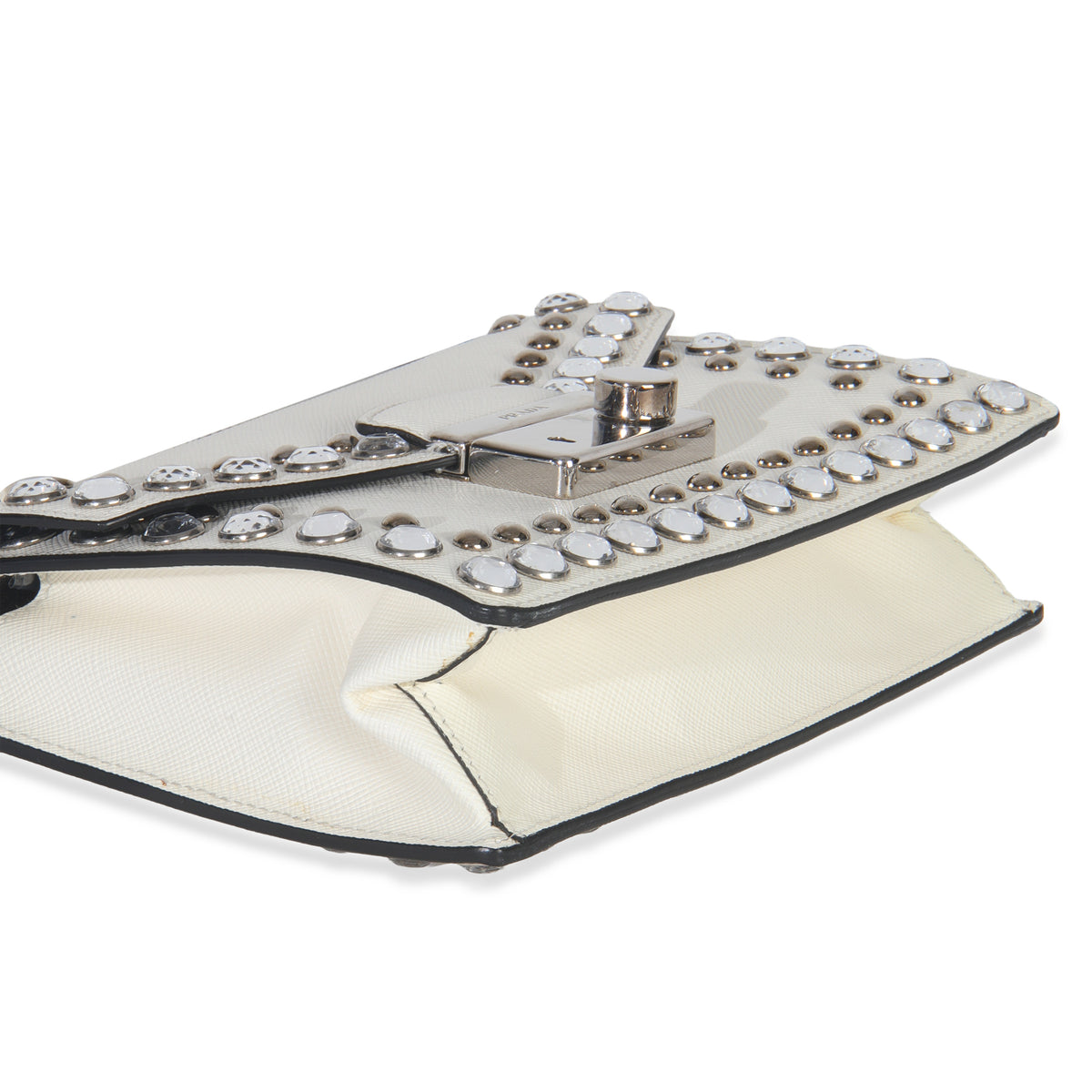 White Studded Saffiano Mini Sound Top Handle Crossbody Bag