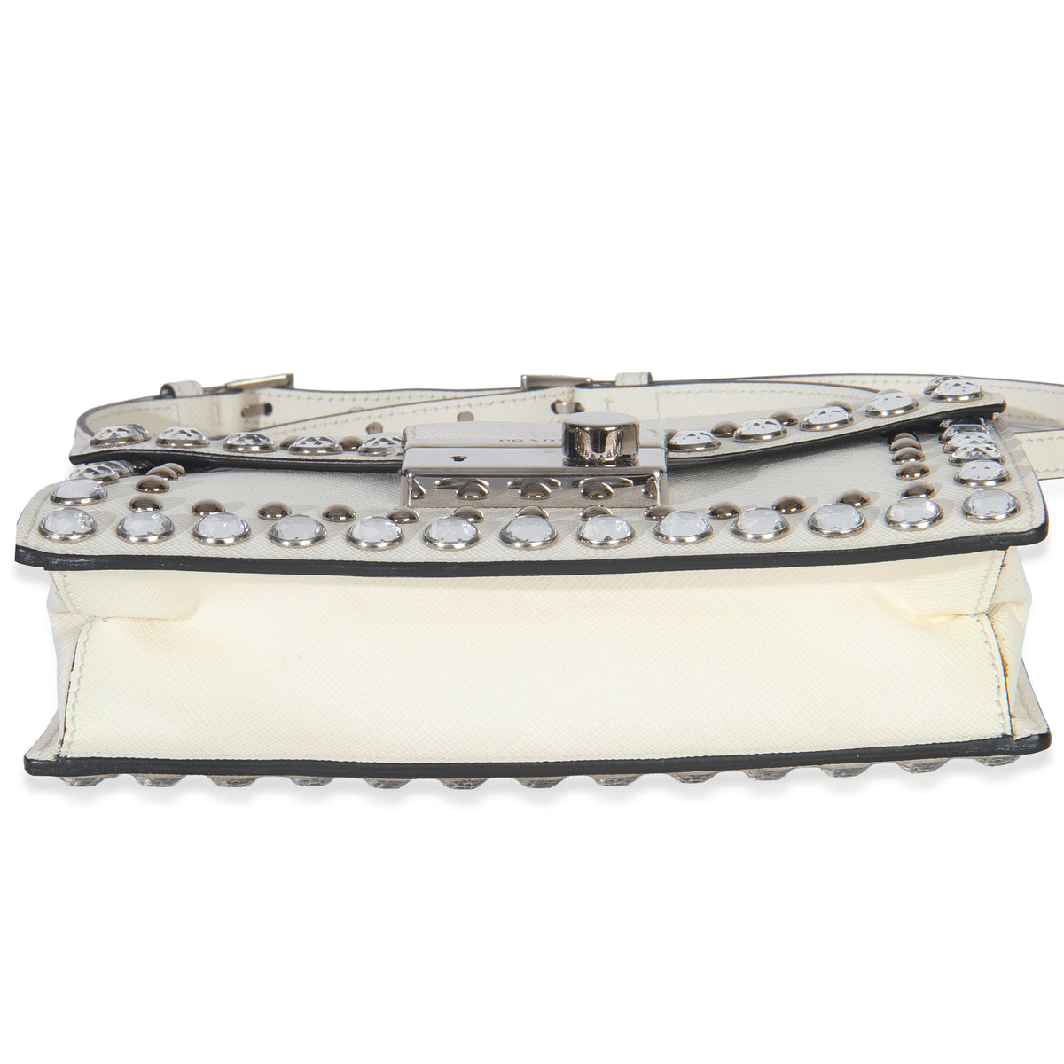White Studded Saffiano Mini Sound Top Handle Crossbody Bag