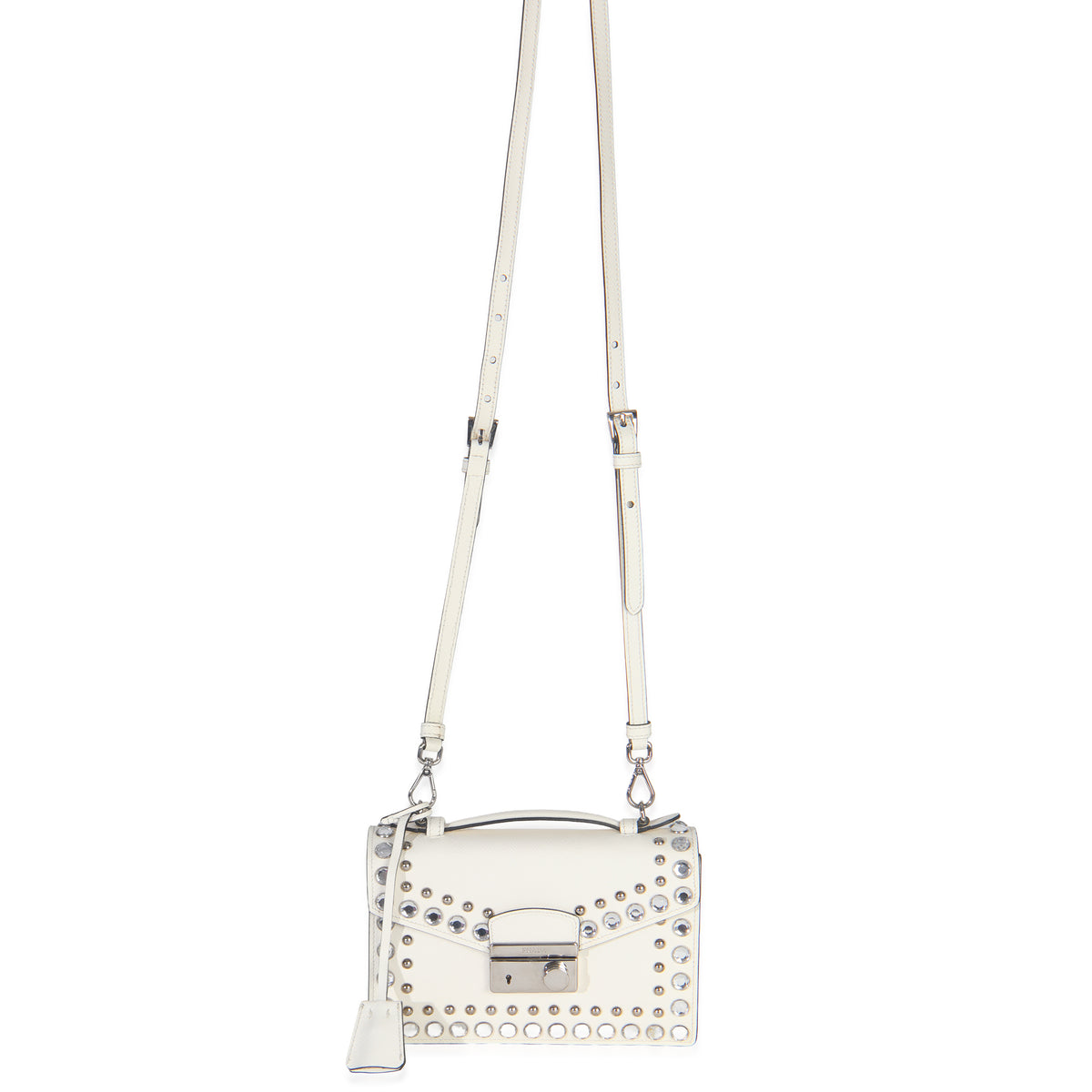 White Studded Saffiano Mini Sound Top Handle Crossbody Bag