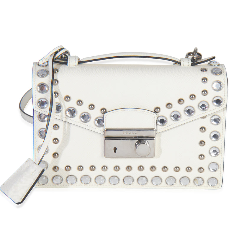 White Studded Saffiano Mini Sound Top Handle Crossbody Bag