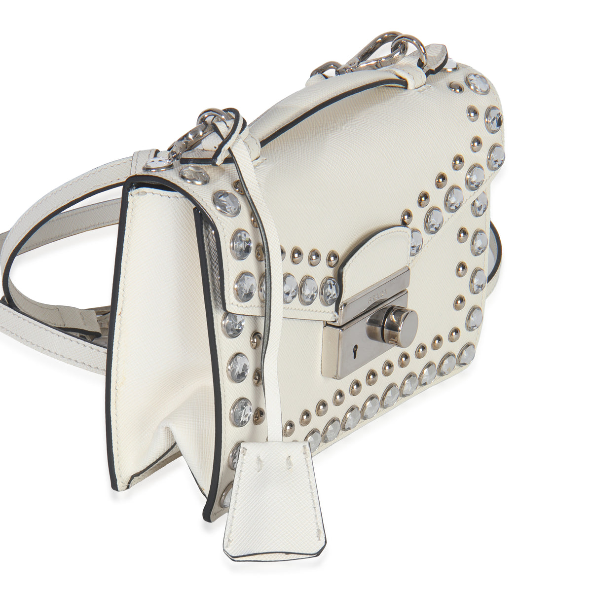 White Studded Saffiano Mini Sound Top Handle Crossbody Bag