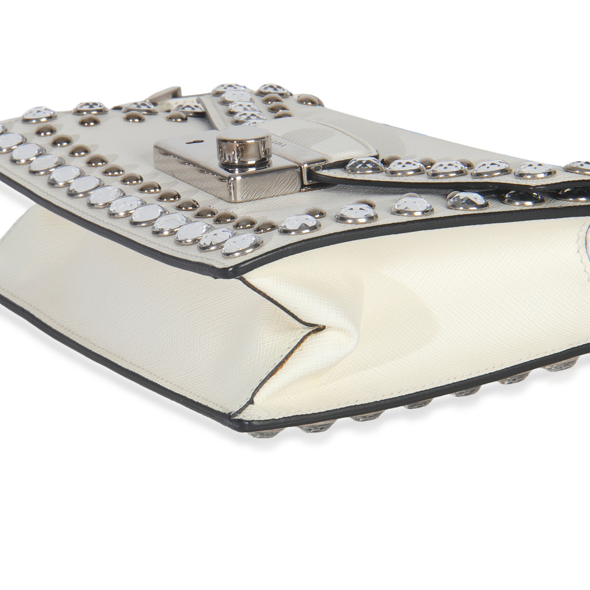 White Studded Saffiano Mini Sound Top Handle Crossbody Bag