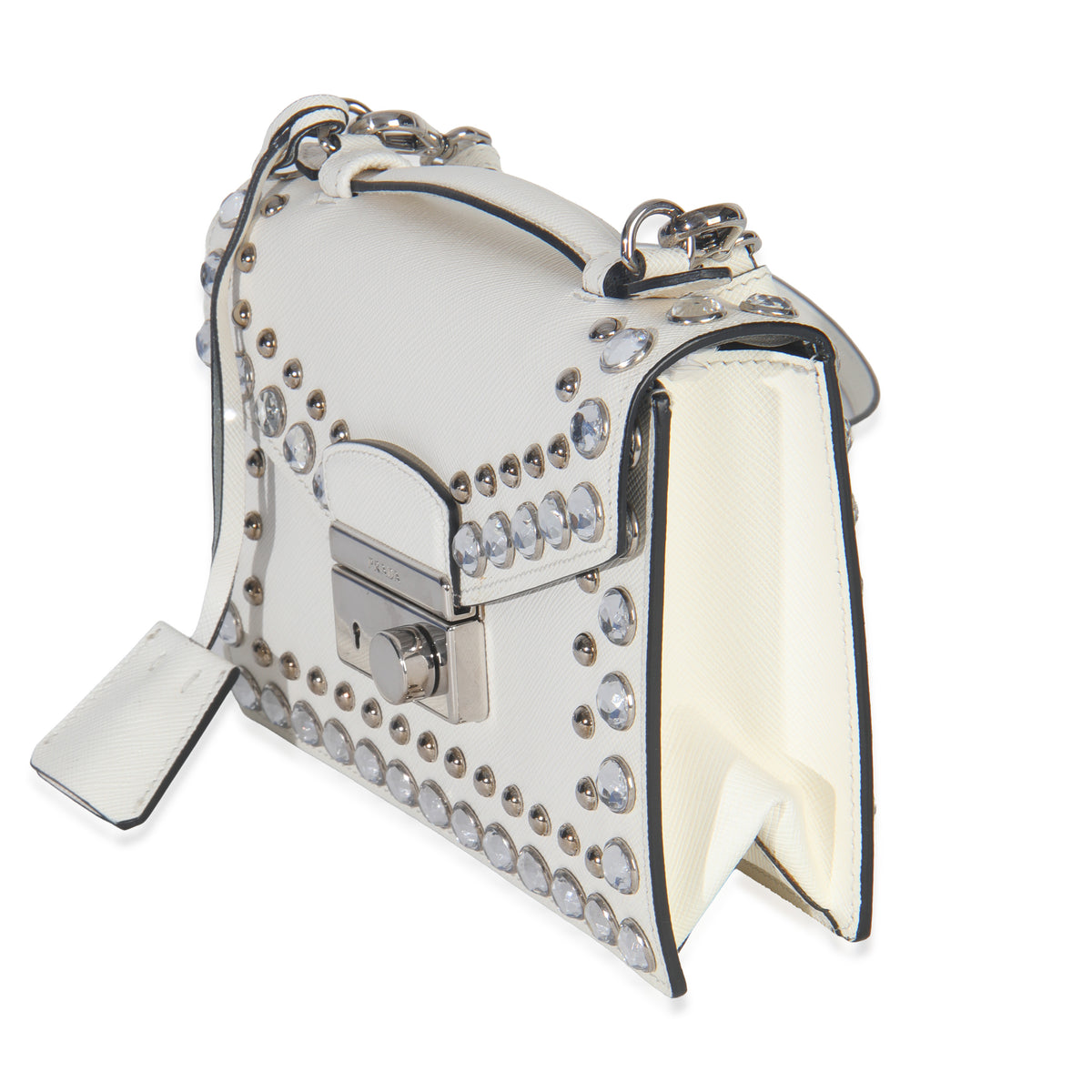 White Studded Saffiano Mini Sound Top Handle Crossbody Bag