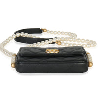 Black Quilted Calfskin About Pearls Card Holder With Chain