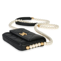 Black Quilted Calfskin About Pearls Card Holder With Chain