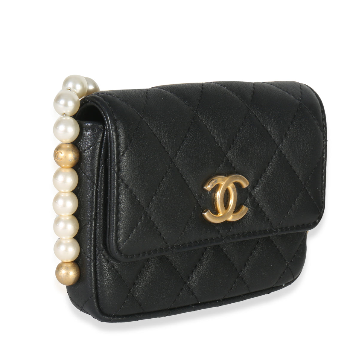 Black Quilted Calfskin About Pearls Card Holder With Chain