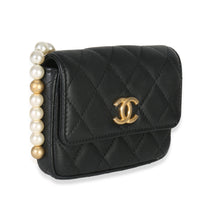 Black Quilted Calfskin About Pearls Card Holder With Chain