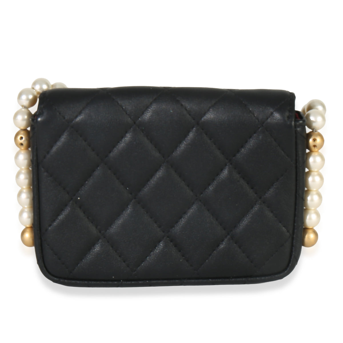 Black Quilted Calfskin About Pearls Card Holder With Chain