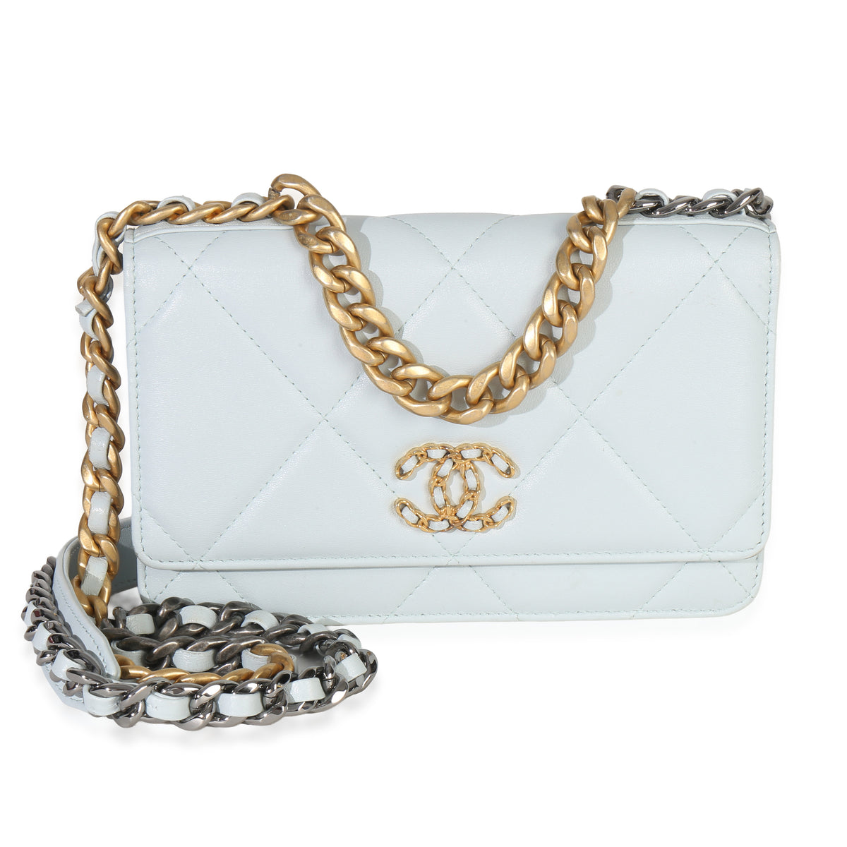 Pale Blue Quilted Lambskin Chanel 19 Wallet on Chain