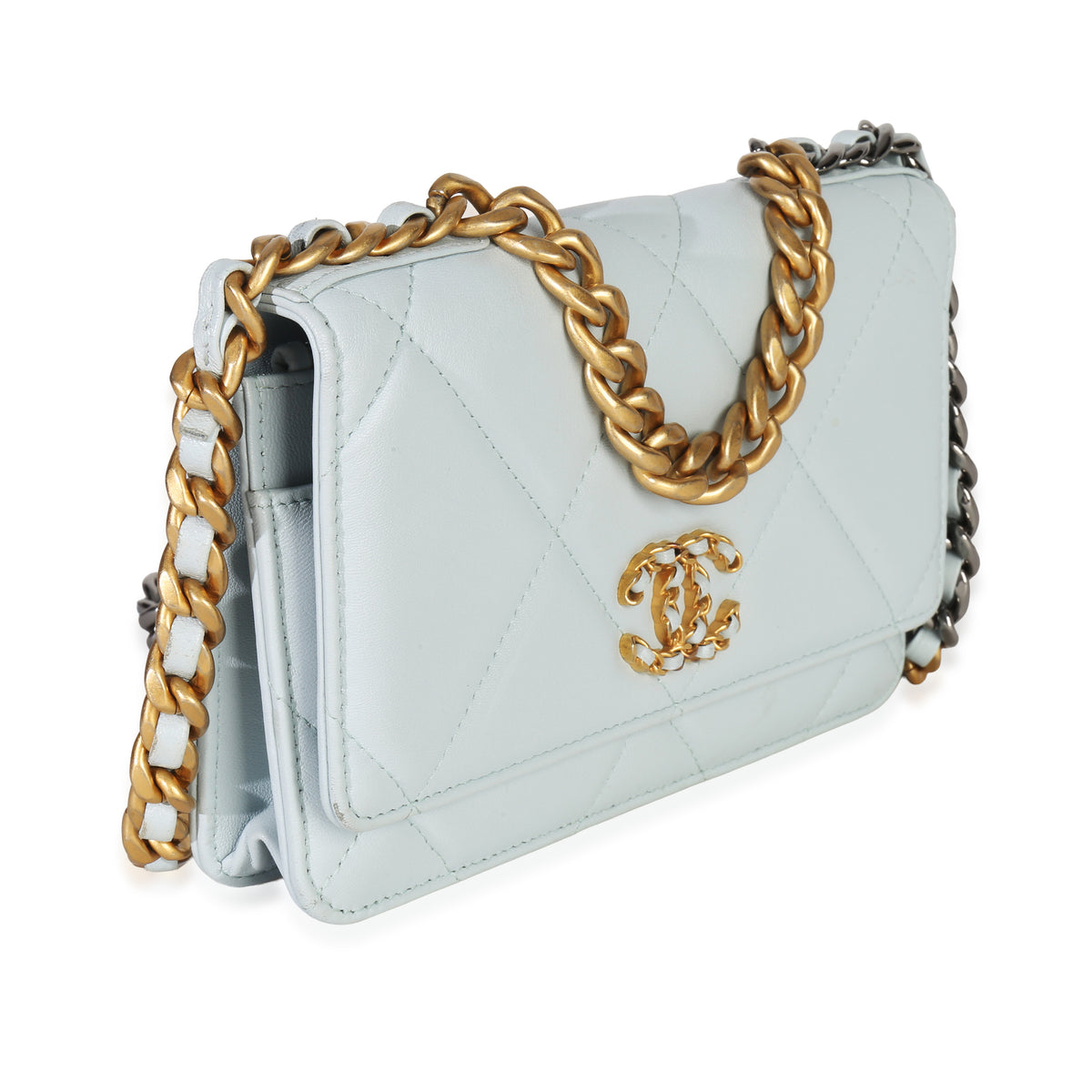 Pale Blue Quilted Lambskin Chanel 19 Wallet on Chain