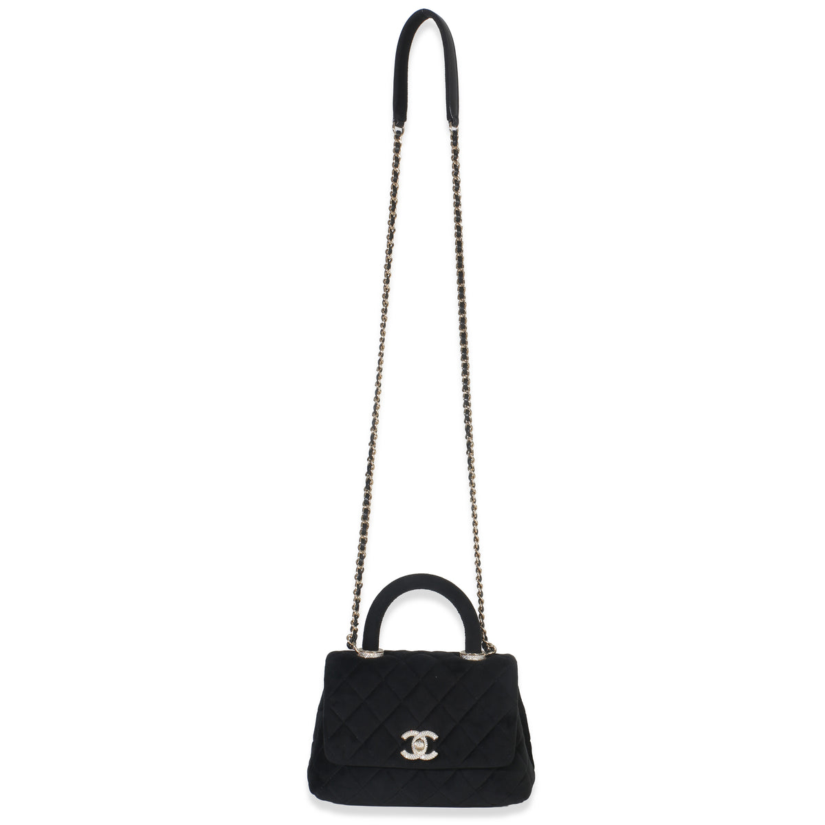 Black Quilted Velvet Crystal Extra Mini Coco Handle Flap Bag