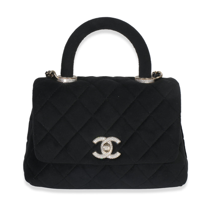 Black Quilted Velvet Crystal Extra Mini Coco Handle Flap Bag