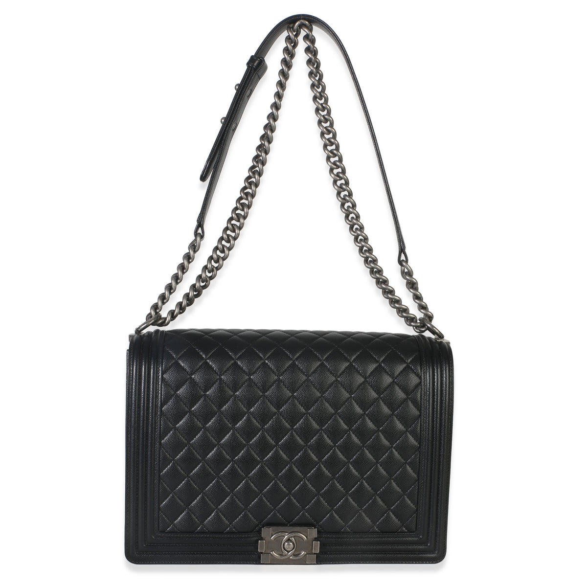 Black Quilted Caviar Large Boy Handbag
