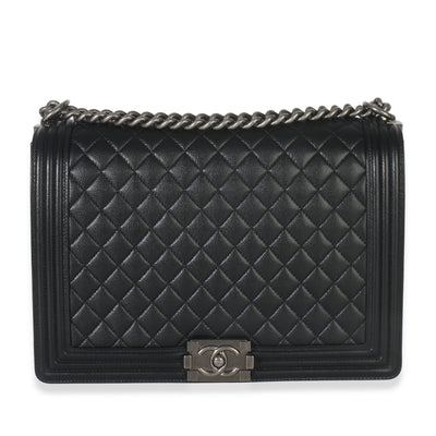 Black Quilted Caviar Large Boy Handbag