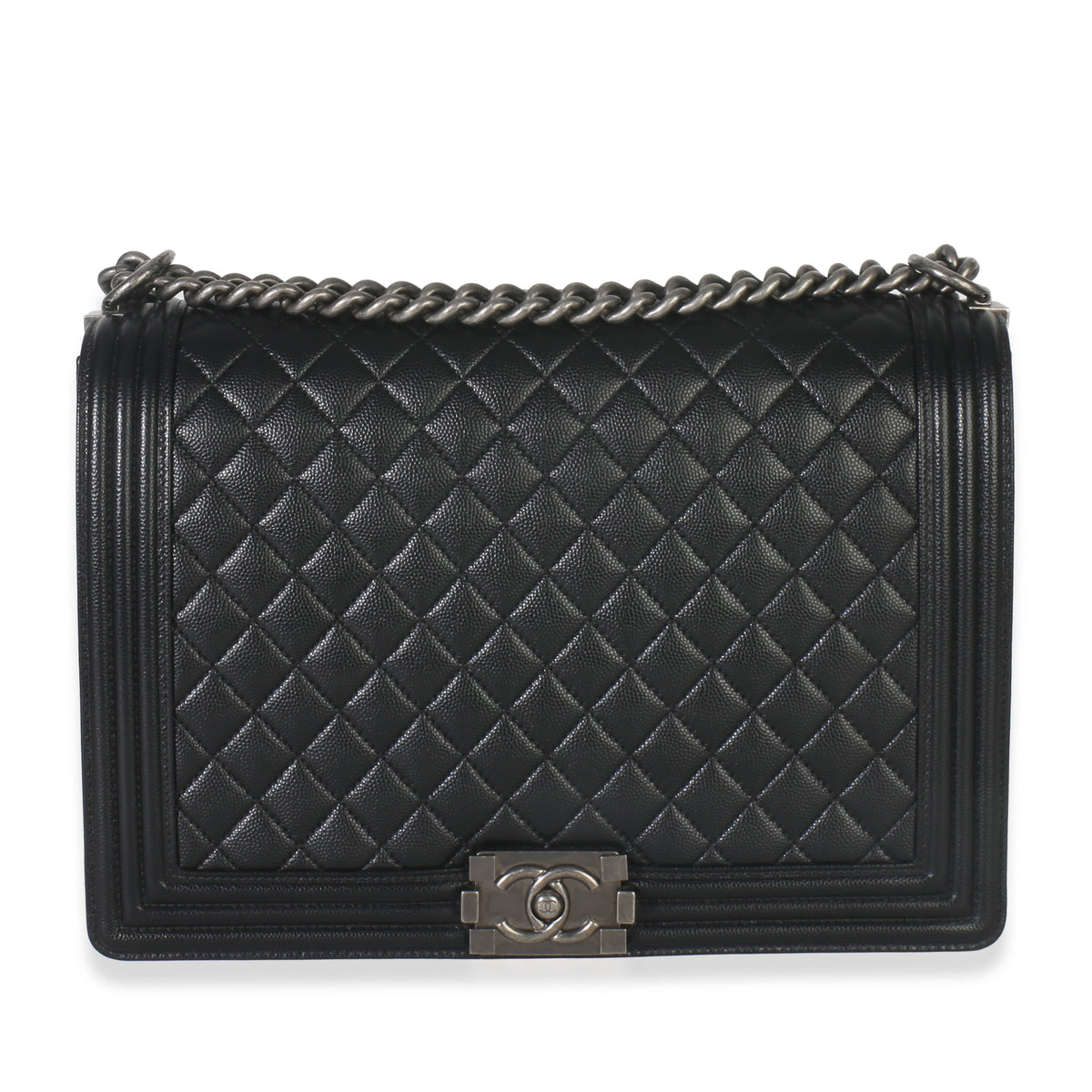 Black Quilted Caviar Large Boy Handbag