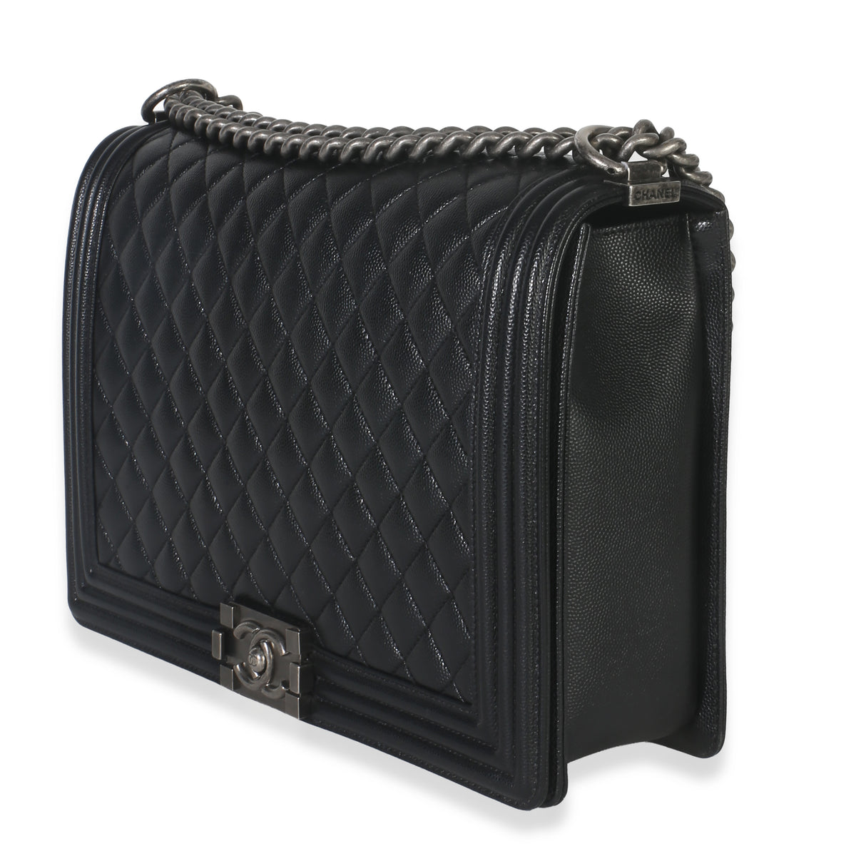 Black Quilted Caviar Large Boy Handbag