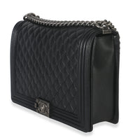 Black Quilted Caviar Large Boy Handbag