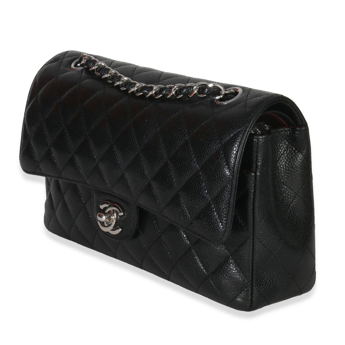 Black Quilted Caviar Medium Classic Double Flap Handbag