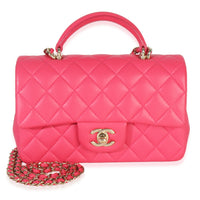 Dark Pink Quilted Lambskin Mini Rectangular Top Handle Flap Bag